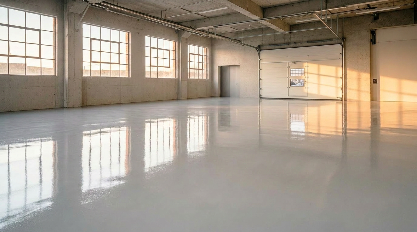 Spejlblankt epoxygulv i industriel hal
